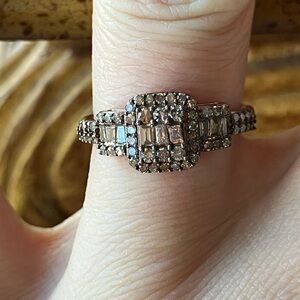 Natural Champagne Diamond Sterling Silver Art Deco Ring Size 6